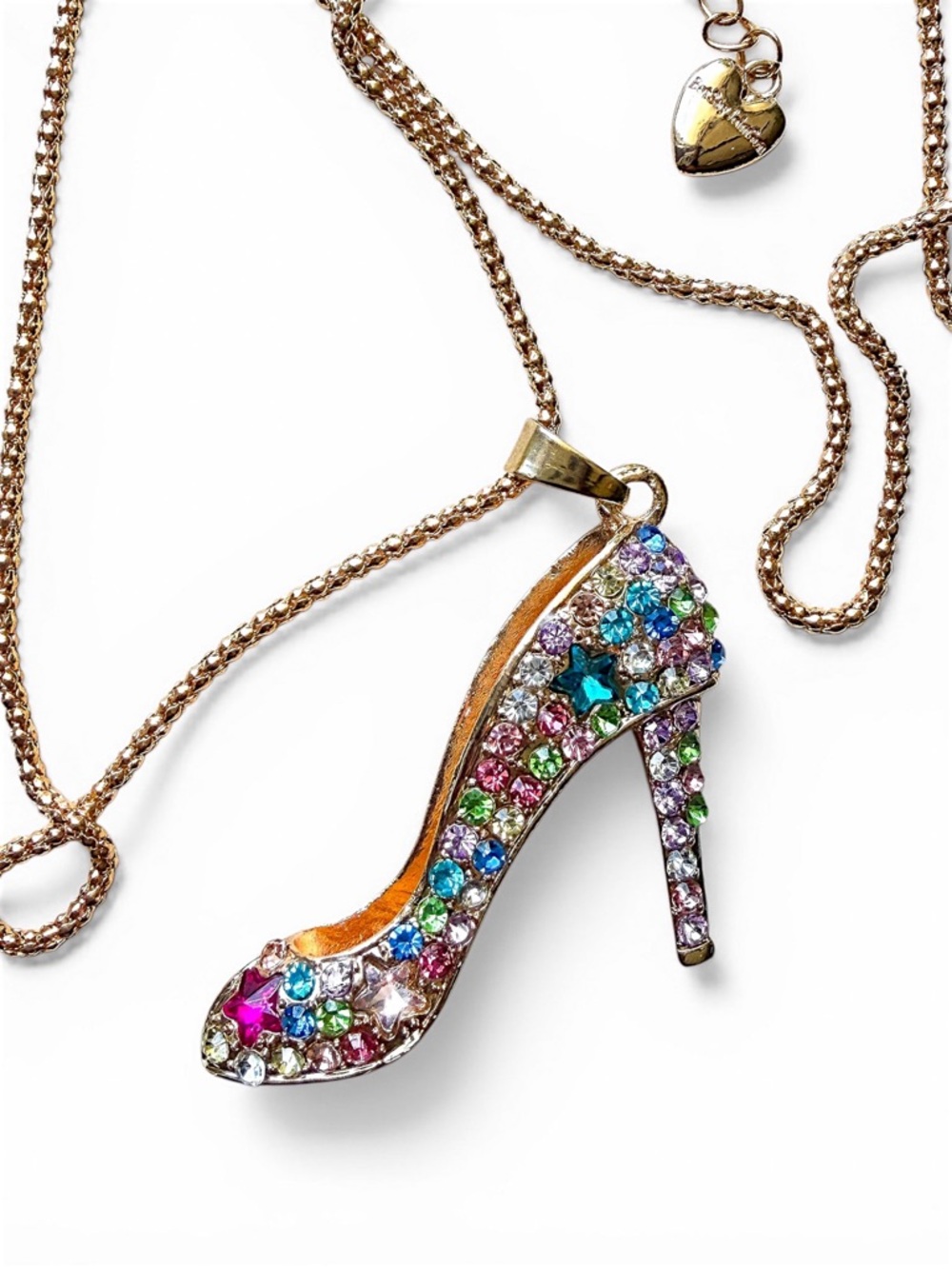 Betsey Johnson Rainbow Rhinestone High Heel Shoe Pendant Necklace NWT.